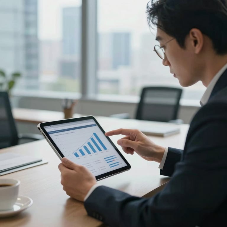 A sophisticated e-commerce professional analyzing sales growth on a tablet in a high-end office, soft focus on the blurred city background.