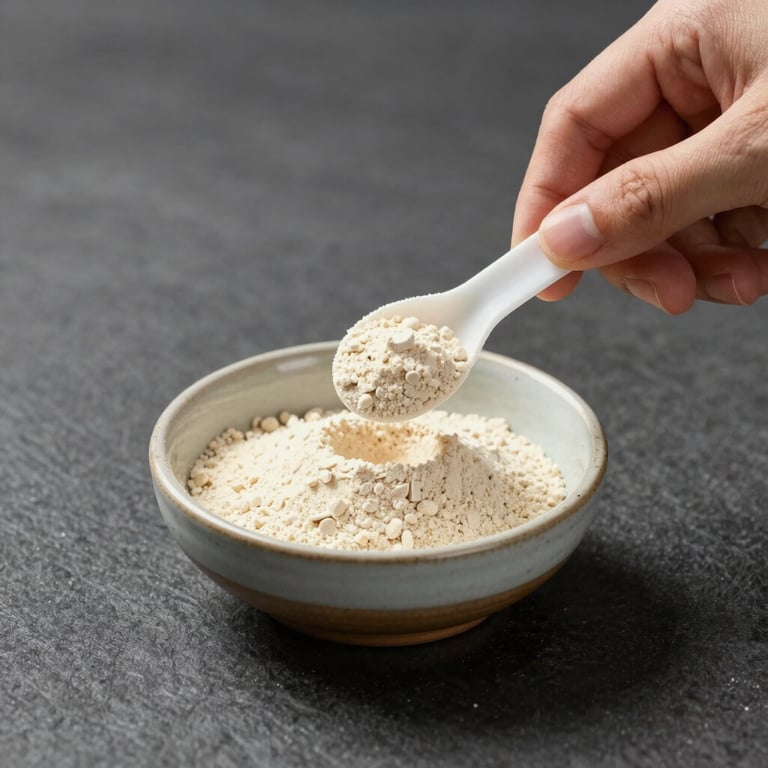 Close-up of a hand precisely measuring a supplement scoop over a small ceramic bowl on a dark charcoal surface, north-facing studio daylight from the upper left, supplement powder texture visible, no branding visible