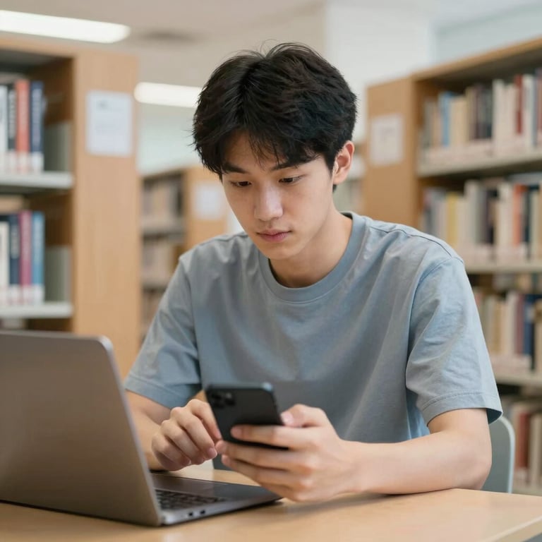 A young adult using an educational Android app while sitting in a clean, brightly lit library, looking focused and engaged.