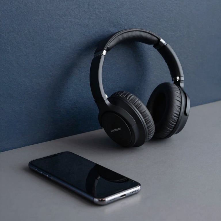 A minimalist desk setup featuring an Android phone and high-quality headphones, set against a dark blue and charcoal gray wall.