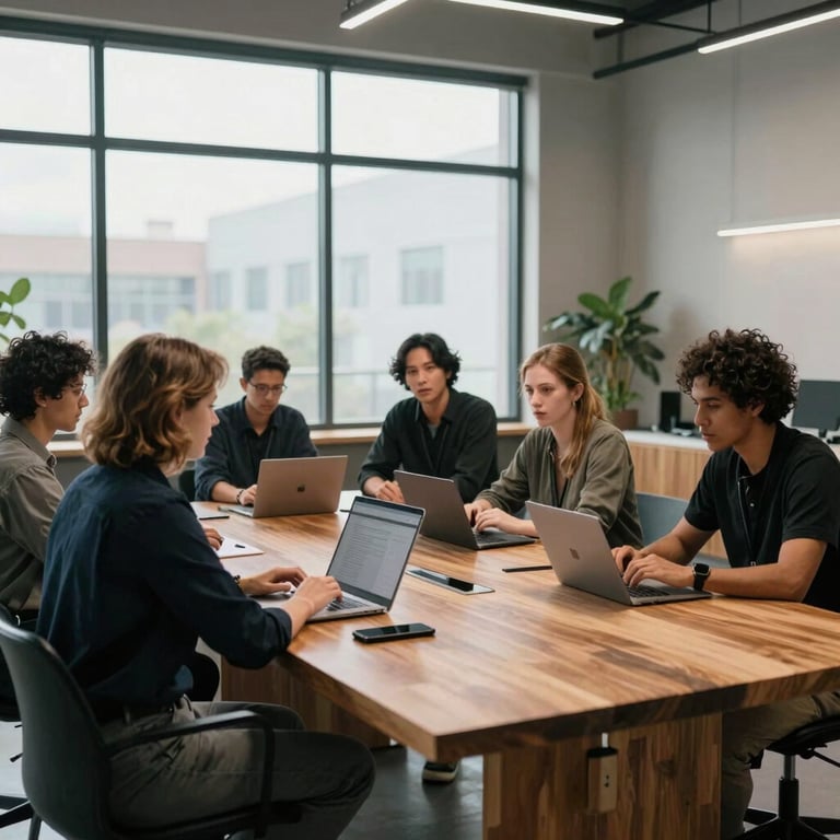A team of diverse professionals collaborating around a large wooden table in a high-tech North American studio with large windows.