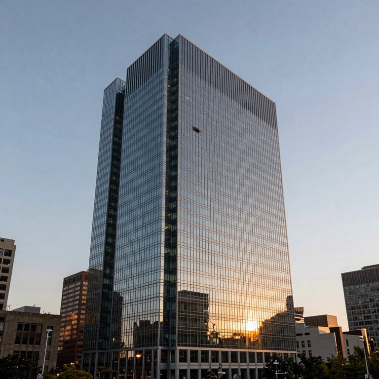 A sleek, modern glass office building at sunset in a metropolitan North American city, representing corporate growth and stability.