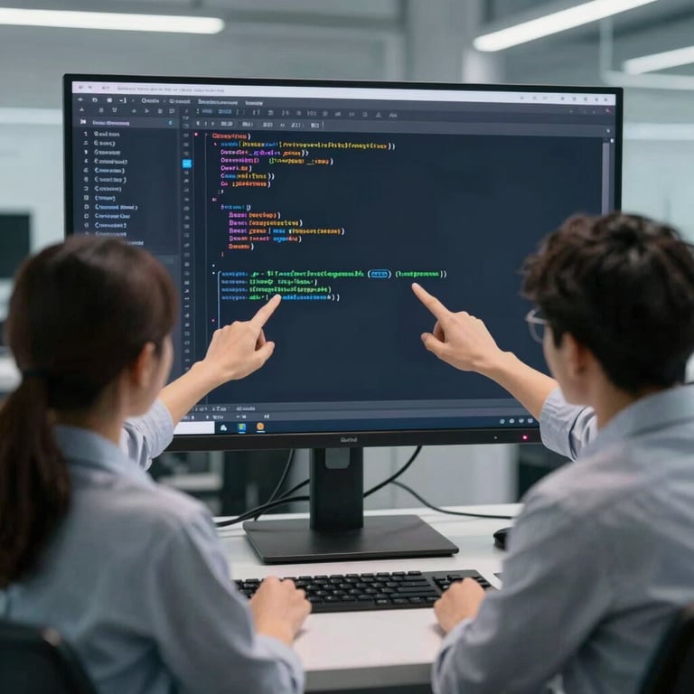 Two software engineers pointing at a large screen displaying complex, clean code in a professional, modern laboratory environment.