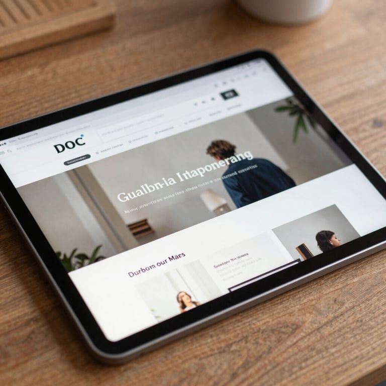 Close-up of a tablet displaying a clean, professional web portal on a wooden desk, soft natural lighting.