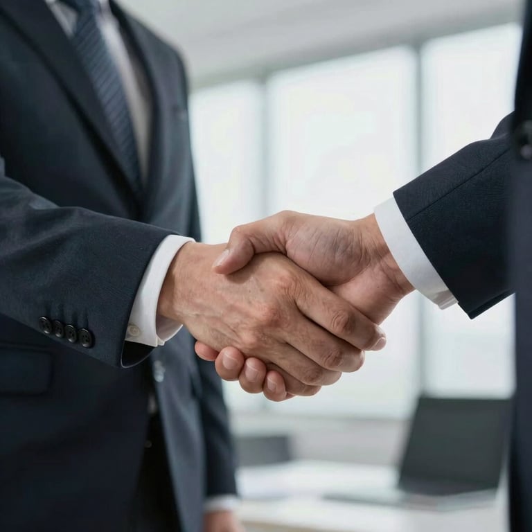 A handshake between two professionals in business attire, focused on their hands, in a bright corporate setting.