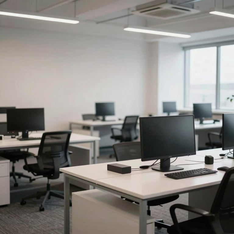 A bright, open-plan workspace featuring minimalist desks and a professional, quiet atmosphere.