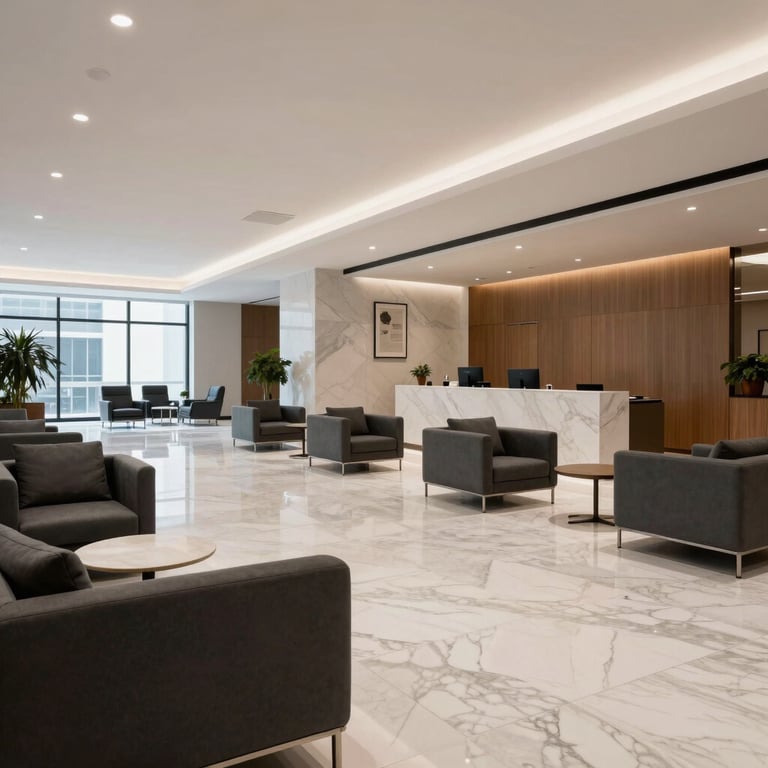 A wide shot of a modern office lobby in North American / US, with off-white marble floors and dark gray furniture.