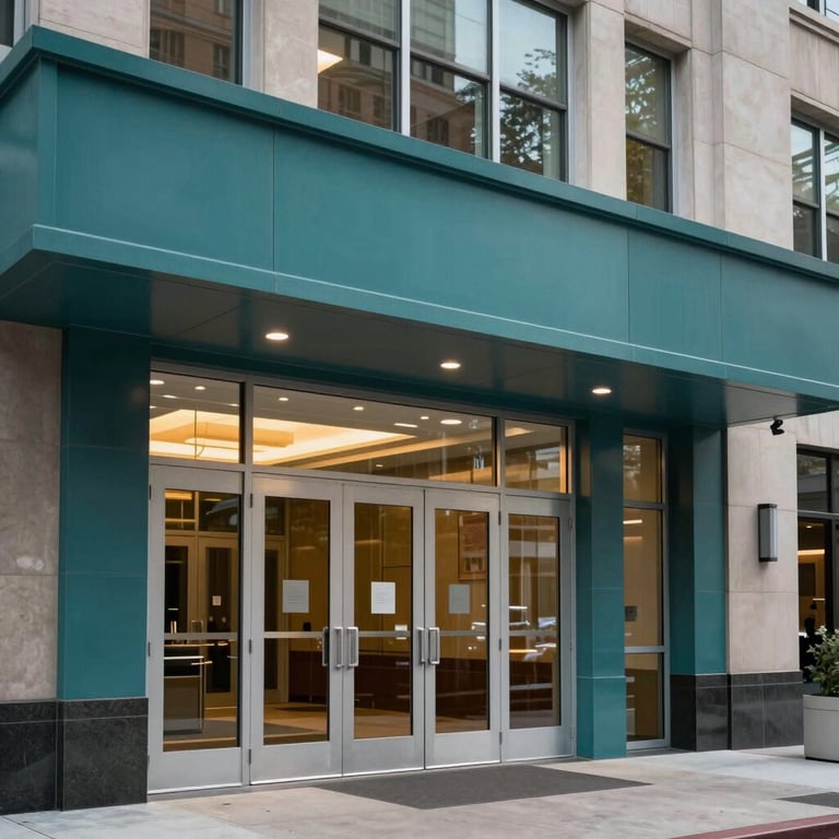 Architectural detail of a North American / US office complex entrance with teal design elements and glass doors.