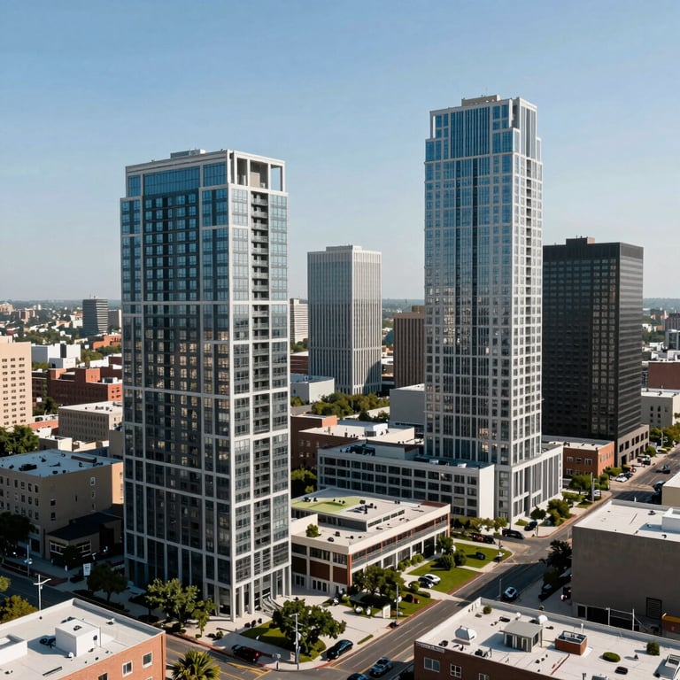Photography of a cityscape in North American / US showcasing modern real estate and clean urban planning.