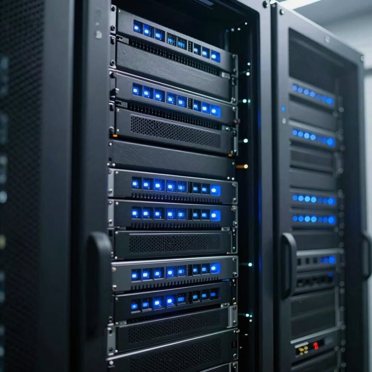Detail of high-tech communication servers with soft blue light indicators in a secure facility.