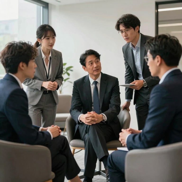 A group of professionals in business attire having a discussion in a light-filled office lounge.