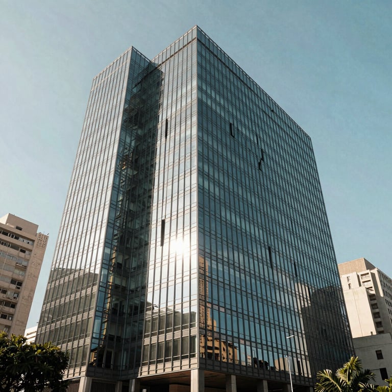 Exterior of a sleek, modern glass office building in a major Brazilian city during a bright day.