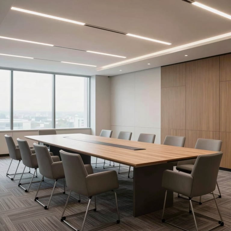 A bright and professional South American conference room with minimalist furniture.