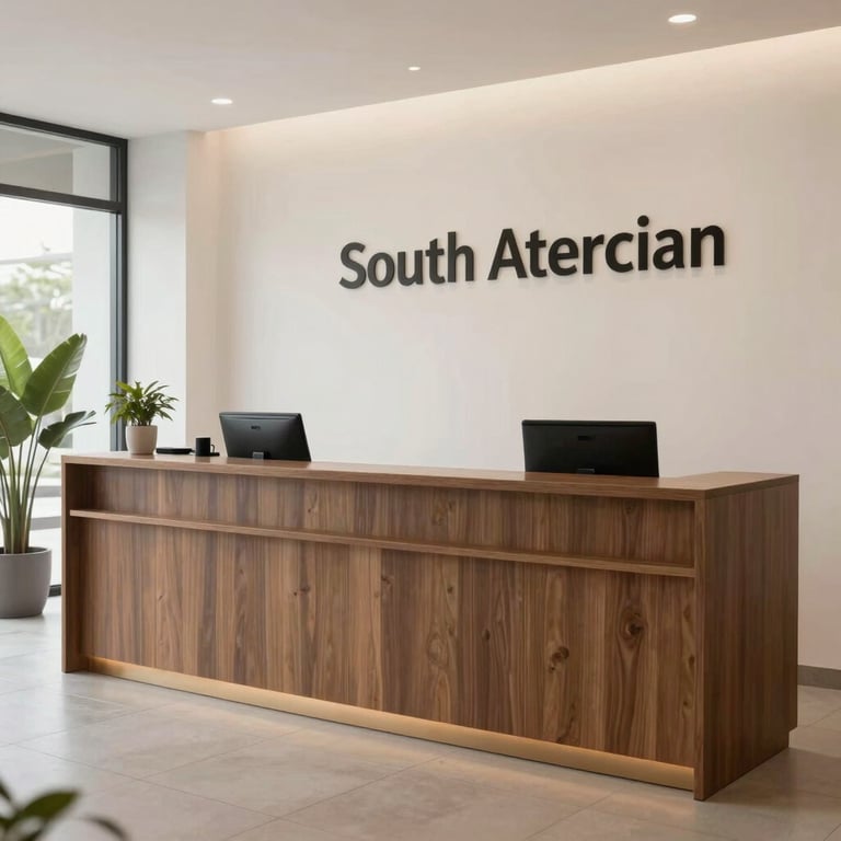 A clean, minimalist reception area of a South American service provider with professional decor.