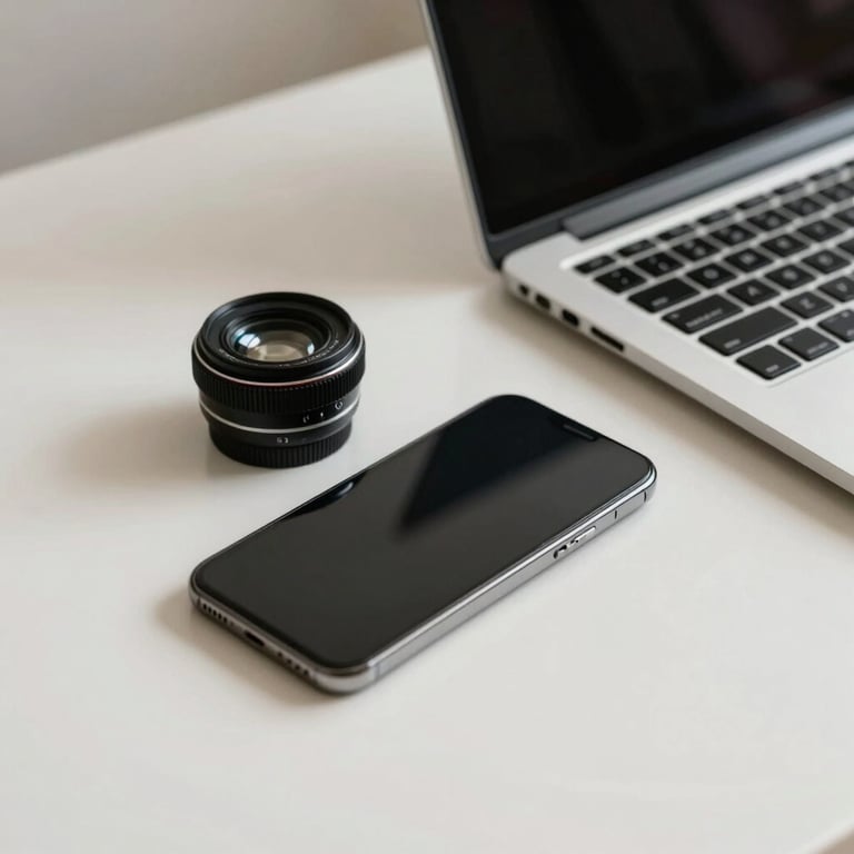 Close-up of a professional desk with a smartphone and laptop in a clean off-white room.