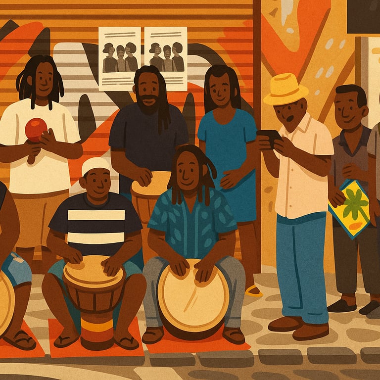 Scène de rue musicale avec tambours (inspirée de Pointe-à-Pitre)Abécédaire de la Caraïbe et Guyane