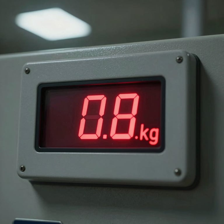 Close-up of a glowing red LED digital weight indicator screen showing exactly zero kilograms calibration, crisp night shot under LED floodlights, industrial control panel.