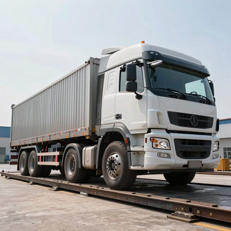Low-angle wide shot of a heavy-duty multi-axle commercial truck positioned on a massive steel weighing platform, bright direct midday sunlight, crisp industrial details, no people.