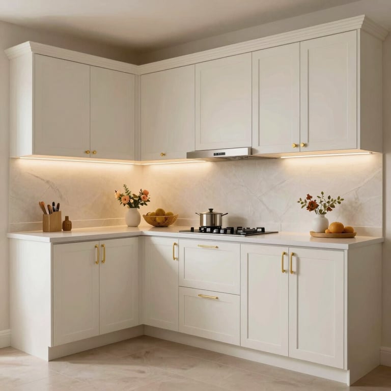 A premium modular kitchen with off-white cabinetry, gold handles, and integrated lighting in a South Asian home.
