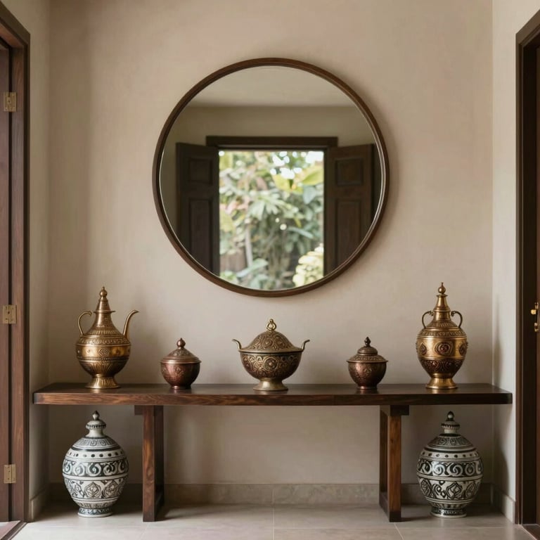 A grand entryway foyer with a large circular mirror and traditional Indian decor pieces reimagined in a modern style.