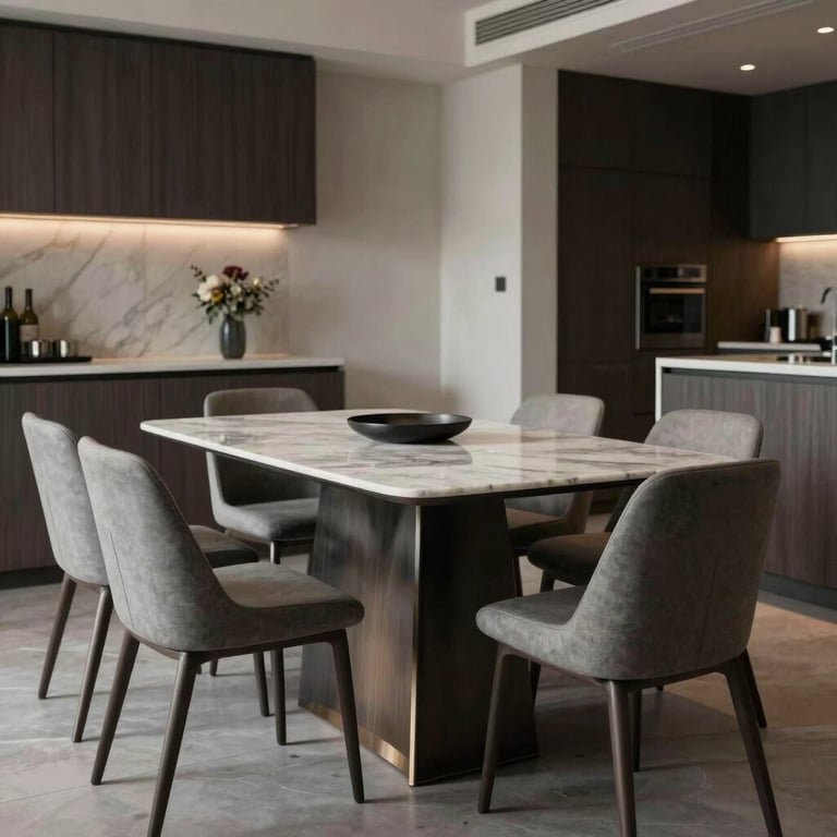 A stylish dining area with a marble-top table and minimalist chairs in a modern Indian apartment.