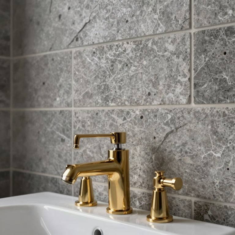 A high-end bathroom design with grey stone tiles and premium gold-finished fixtures.