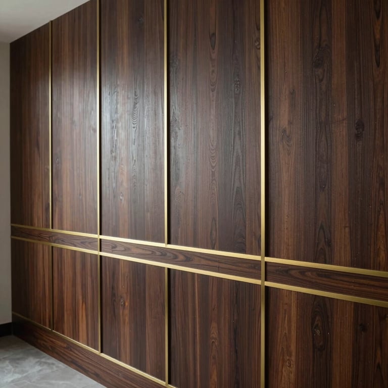 Custom wall paneling in a living space using dark wood and gold metal strips for a premium look.