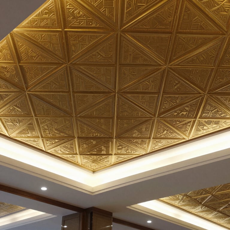 Contemporary false ceiling design with intricate gold geometric patterns and recessed LED strips.
