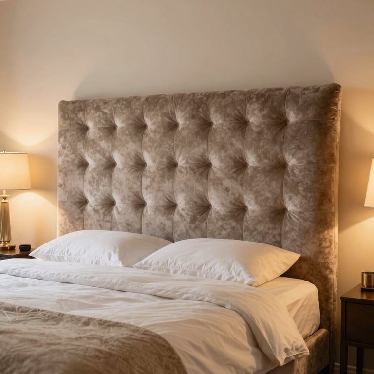 A sophisticated master bedroom with a custom velvet headboard and warm yellow ambient lighting.