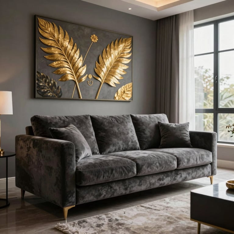 A luxurious living room in Ranchi featuring a plush dark grey sofa, gold-leaf wall art, and large windows with sheer curtains.
