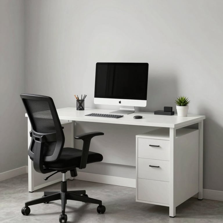 A minimalist home office setup with clean lines, white desk, and ergonomic furniture.