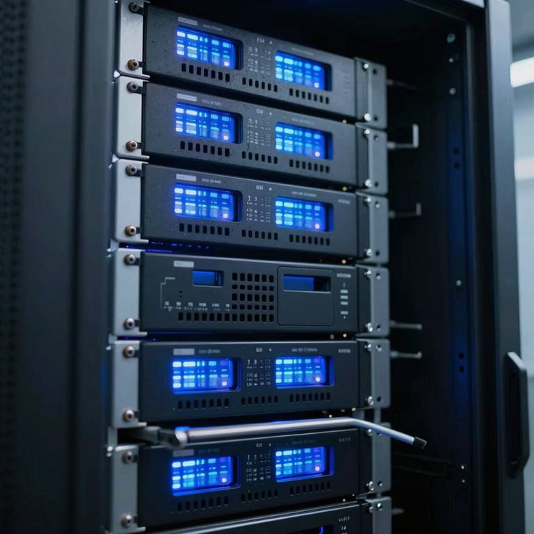 A close-up of a high-tech server room with glowing blue lights, representing SI transformation.