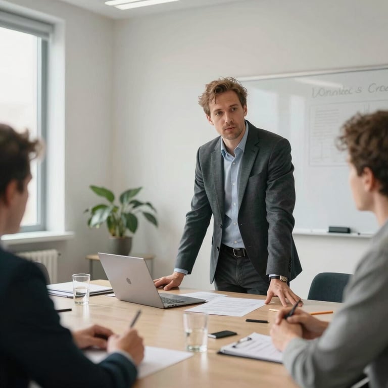 A professional Western European project manager lead a strategic workshop in a clean, sunlit room.