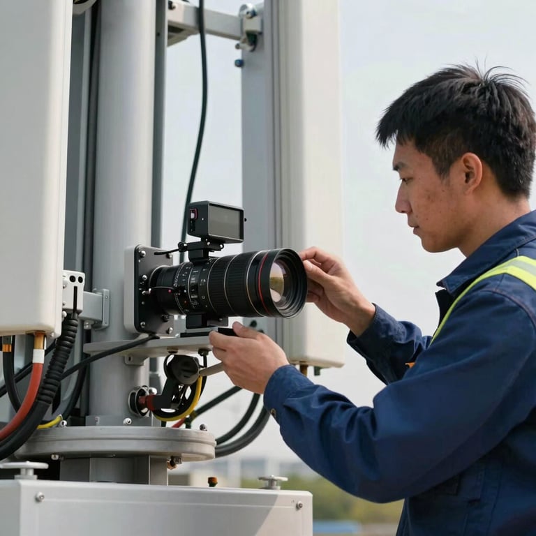 Telecommunication technicians installing industrial equipment on a site, focus on technical precision.