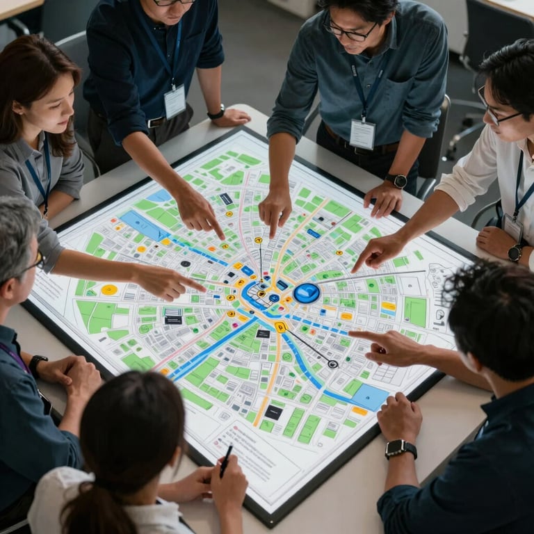 An overhead view of a collaborative workspace where experts are analyzing complex digital maps.