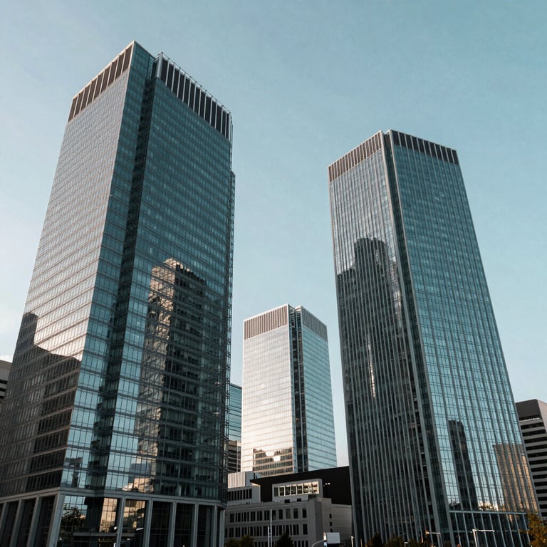 A wide shot of a modern French business district with glass skyscrapers reflecting a light blue sky.