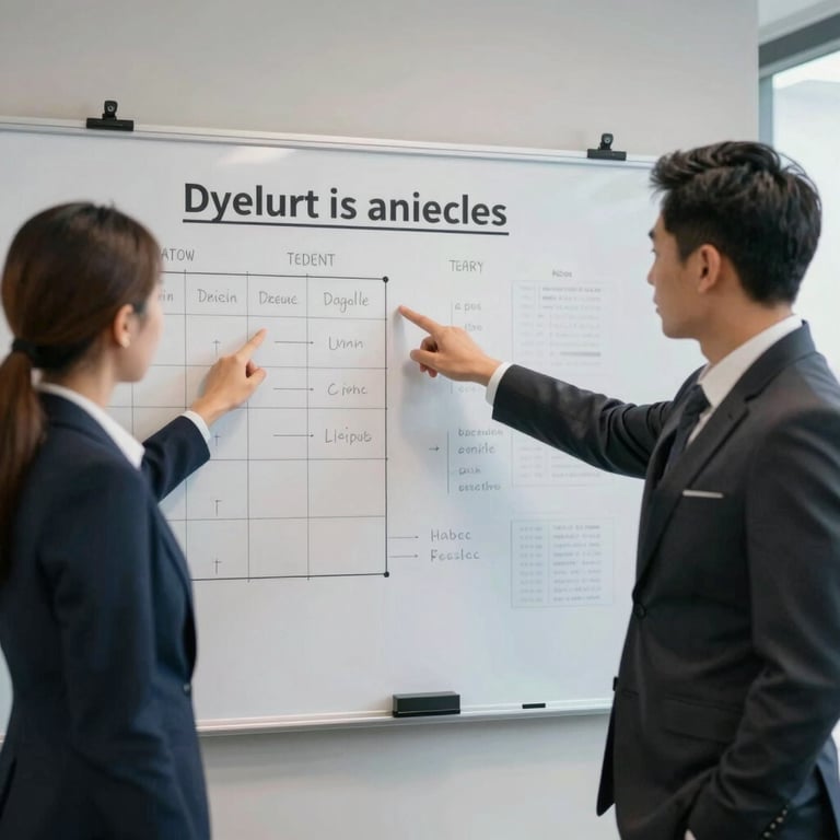 Two business associates pointing at a strategy board in a well-lit meeting room, atmosphere of collaboration.