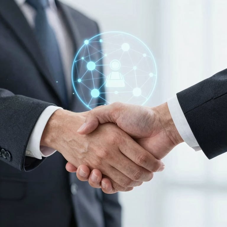 A conceptual image of a handshake overlaid with a translucent digital network icon, representing business agency.