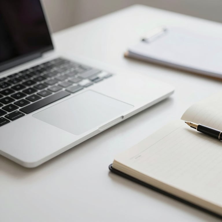 A tidy, minimalist desk with a silver laptop, a black fountain pen, and a notebook, professional lighting.