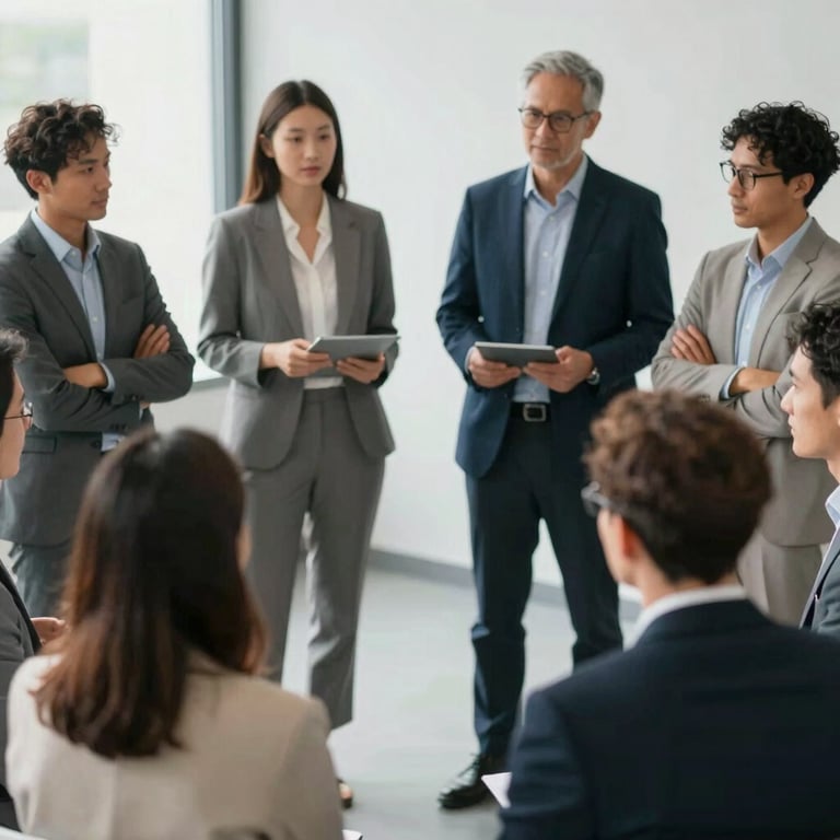 A group of diverse professionals in a circle, engaged in a serious but positive business discussion.