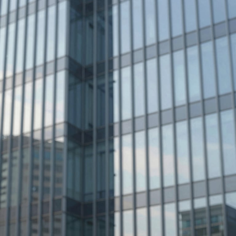 A modern architectural view of a corporate building facade with glass reflections, reflecting #B0C4D4 sky tones.