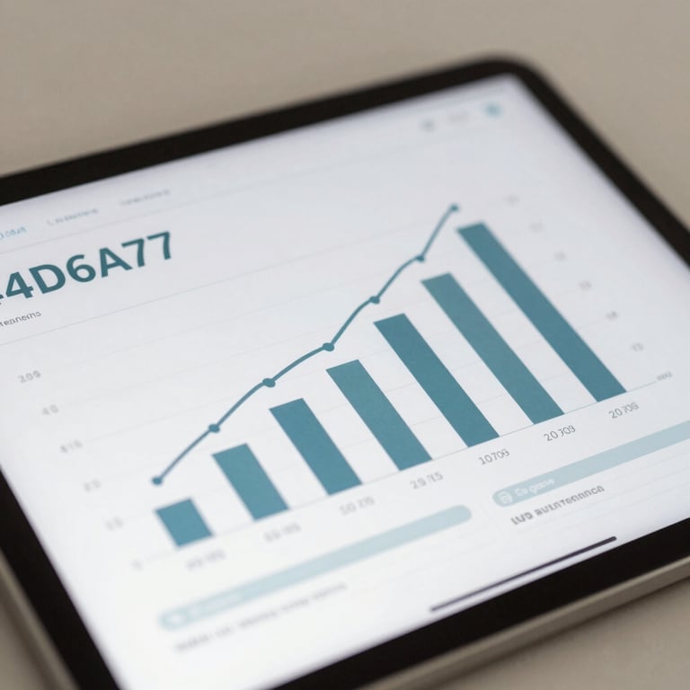 A close-up of a digital tablet showing financial growth charts and graphs, clean and professional style with #4D6A7E accents.