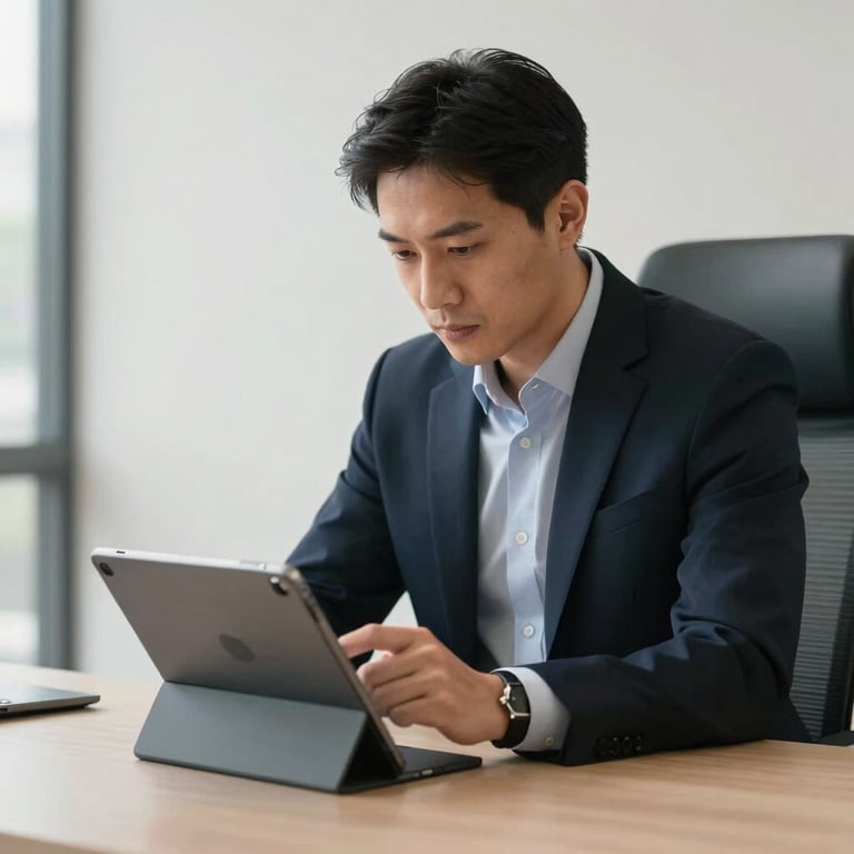 A focused professional in a North American office using a tablet, with soft off-white and dark navy interior tones.