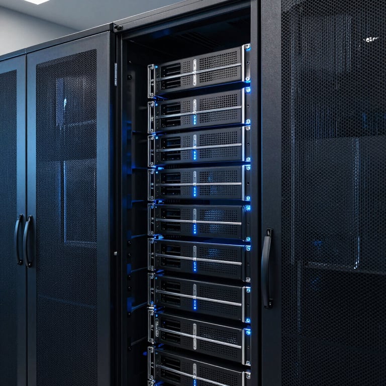 A clean, modern server room with subtle blue LED lighting, highlighting the platform's technological reliability.