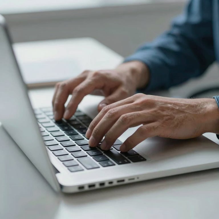 Detailed shot of a person's hands typing on a laptop in a bright, efficient workspace with muted blue colors.