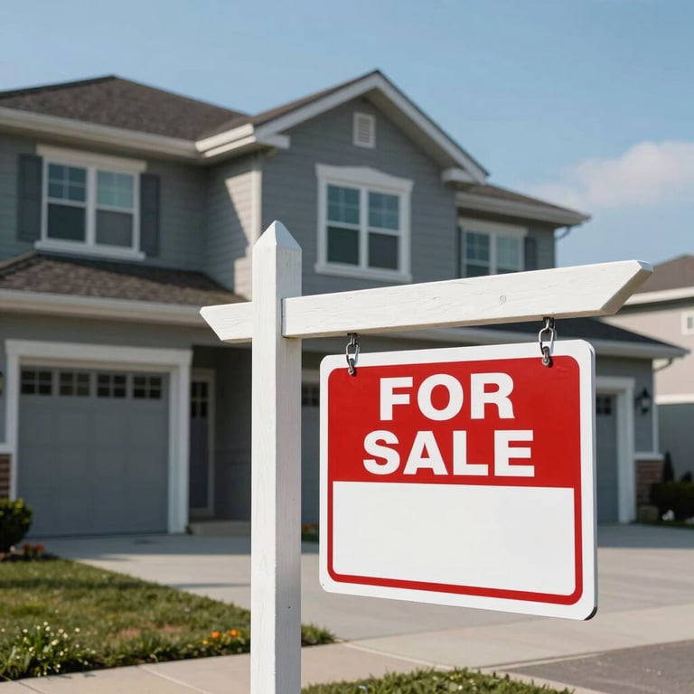 A modern suburban home in the US with a 'For Sale' sign, captured in bright daylight with a clear light blue sky.