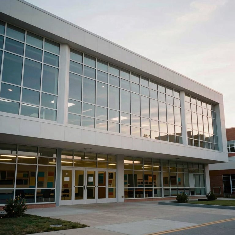 The exterior of a modern American school building with glass windows, representing educational alert contexts.