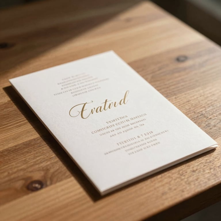 A close-up of elegant event invitations placed on a clean wooden surface, lit by natural morning light.
