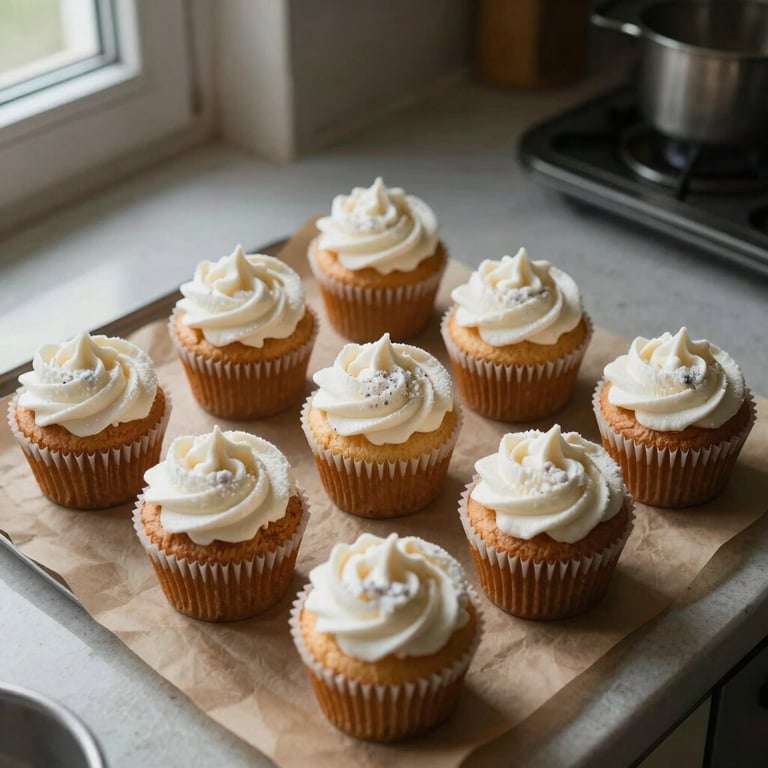 Overhead shot of freshly frosted vanilla cupcakes on brown parchment paper, natural window lighting, rustic kitchen counter background.