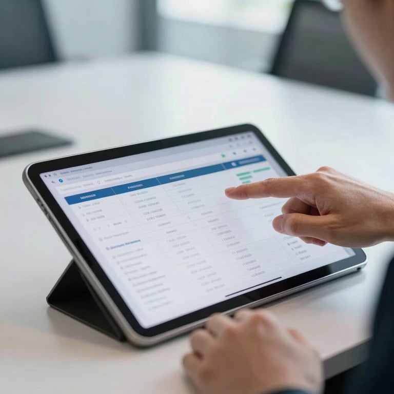 Macro shot of a financial advisor pointing to a clean data dashboard on a tablet during a strategy session, modern boardroom background, cool daylight.
